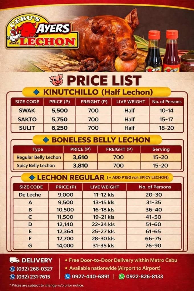 Cebu's Ayers Lechon official menu and price list