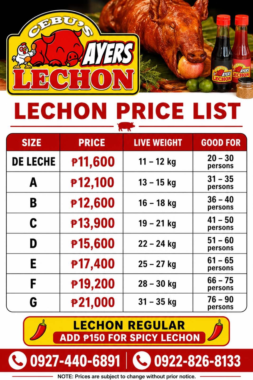Ayer's Lechon Manila official menu and price list